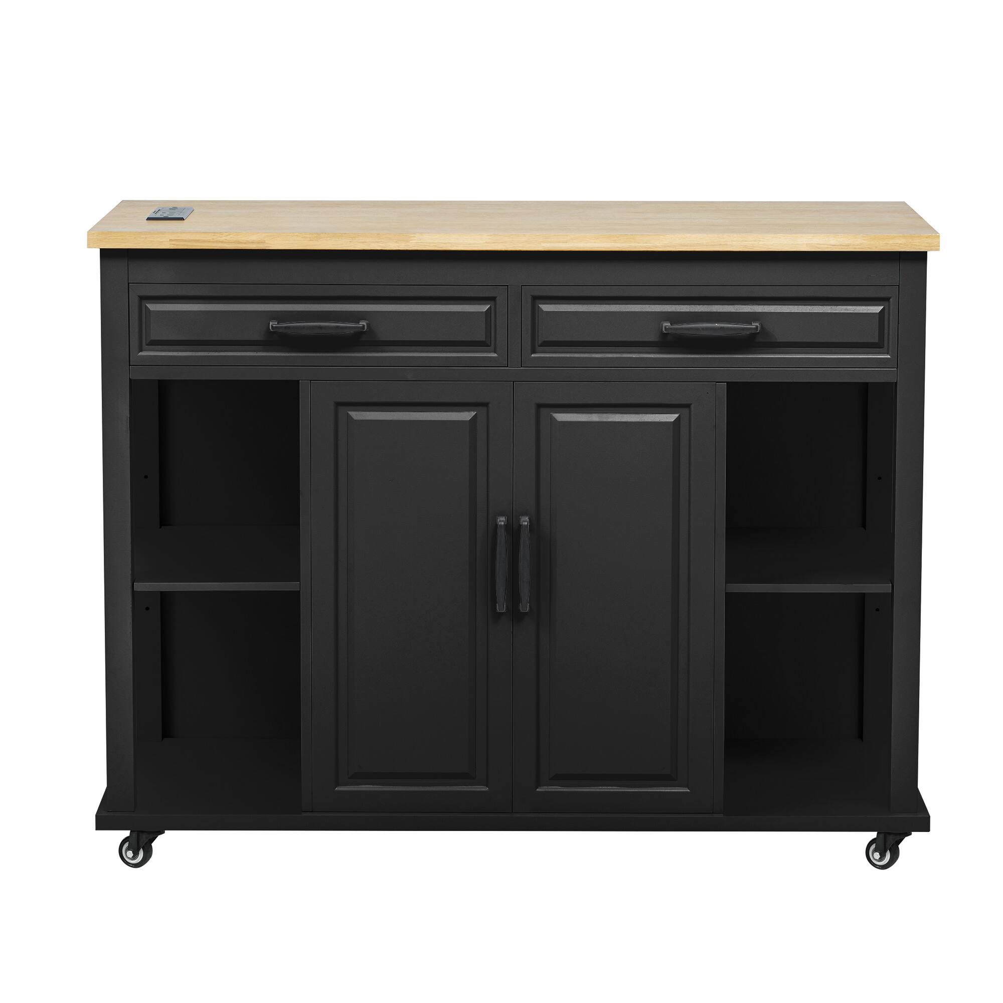 Back. Whisen - 47 inch Kitchen Island with Extendable Dining Table, Rubber Wood Veneer Top, Rolling Cart with Storage - Black.