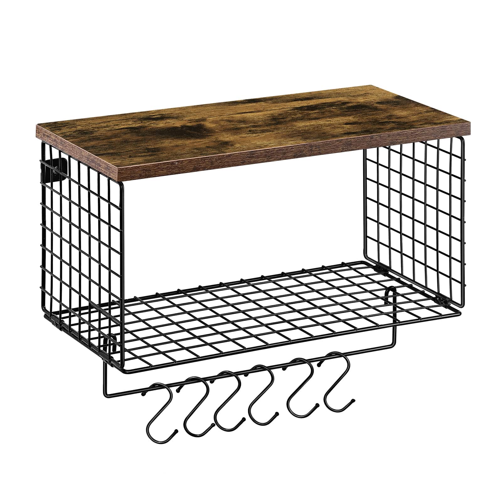 Oumilen - Rustic Wood & Metal Wall Shelf with Mesh Basket & Hooks – Bathroom Towel Rack Organizer - Brown