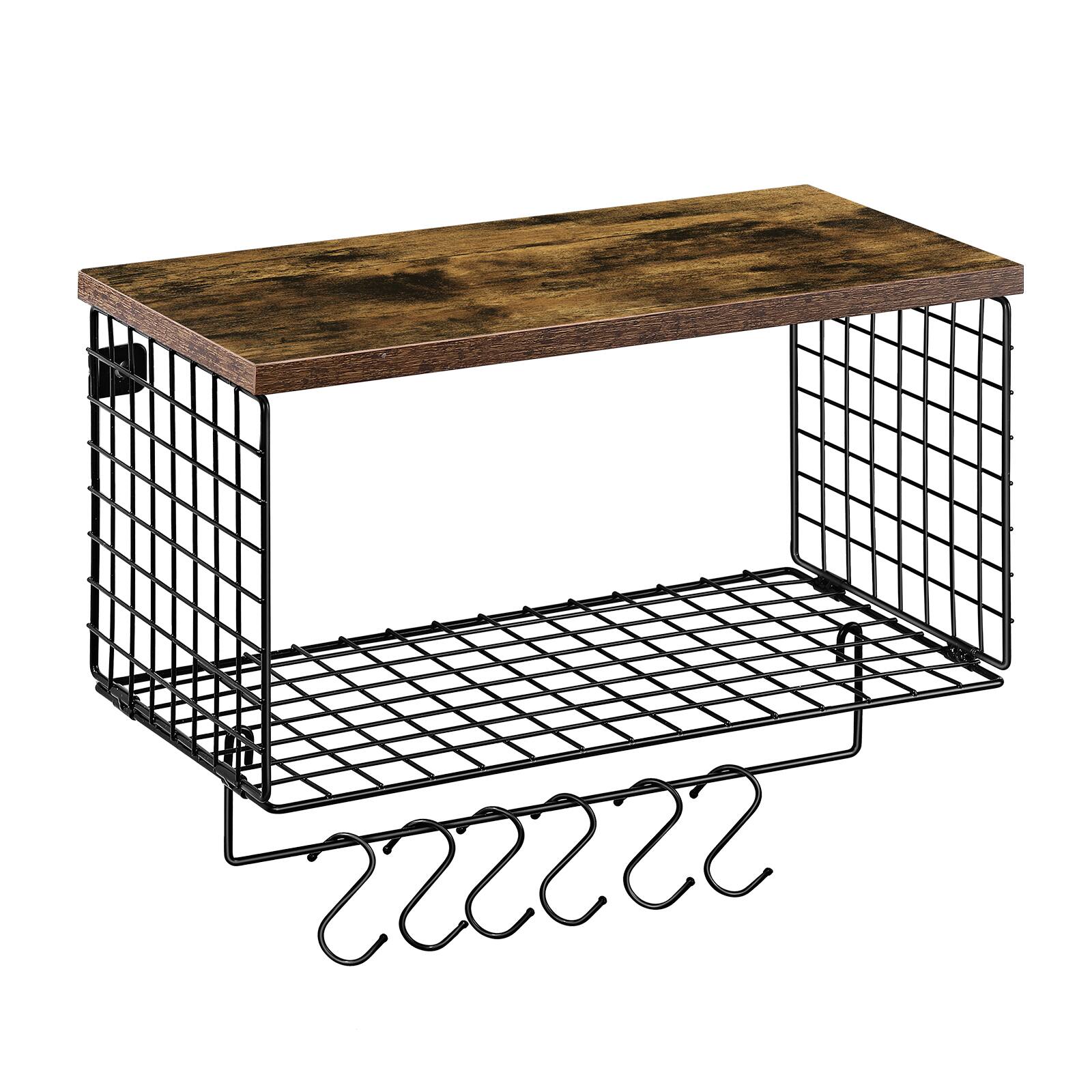 Front. Oumilen - Rustic Wood & Metal Wall Shelf with Mesh Basket & Hooks – Bathroom Towel Rack Organizer - Brown.