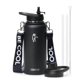 Coolflask - Insulated Water Bottle with Strap - Straw & Spout Lids - Keep Cold 48h - 32oz Black