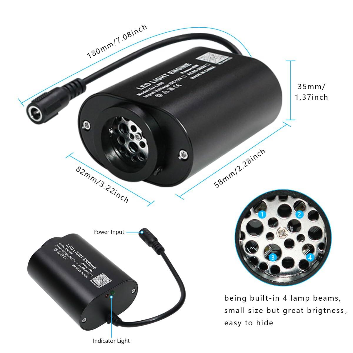 Sure, here is the corrected and grouped text from the image:

---

**LED LIGHT ENGINE**

- **Dimensions:**
  - Length: 180mm / 7.08inch
  - Diameter: 82mm / 3.22inch
  - Height: 35mm / 1.37inch
  - Depth: 58mm / 2.28inch

- **Features:**
  - Built-in 4 lamp beams
  - Small size but great brightness
  - Easy to hide

- **Power Input:**
  - Voltage: 12V

- **Indicator Light:**
  - Present on the device

- **Made in China**

---

This text is organized to reflect the information provided in the image clearly and accurately.