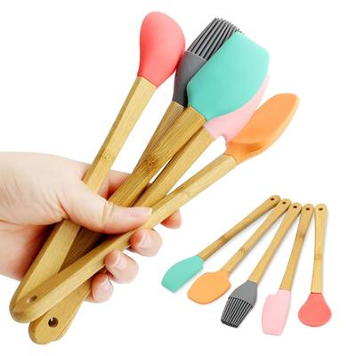 Front. Cheer Collection - Mini Silicone Spatula Set for Kids with Wooden Handles Baking Tools 5 Piece - Multi.