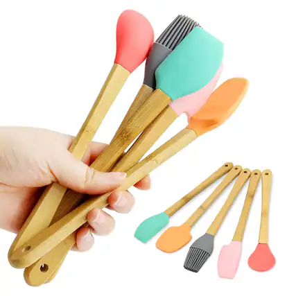 Front. Cheer Collection - Mini Silicone Spatula Set for Kids with Wooden Handles Baking Tools 5 Piece - Multi.