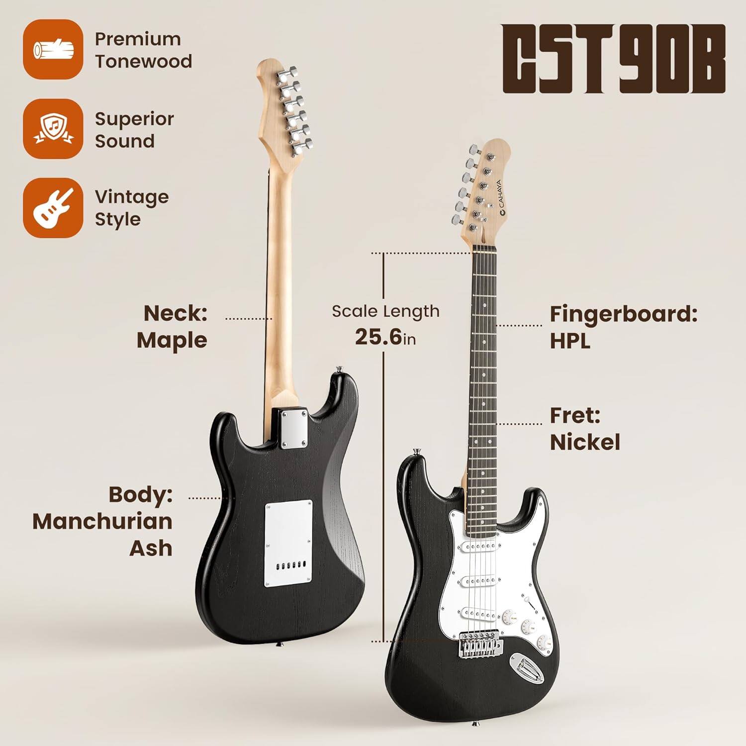 CST90B Vintage Style  
Premium Tonewood  
Superior Sound  

Neck: Maple  
Scale Length: 25.6in  
Fingerboard: HPL  
Fret: Nickel  
Body: Manchurian Ash