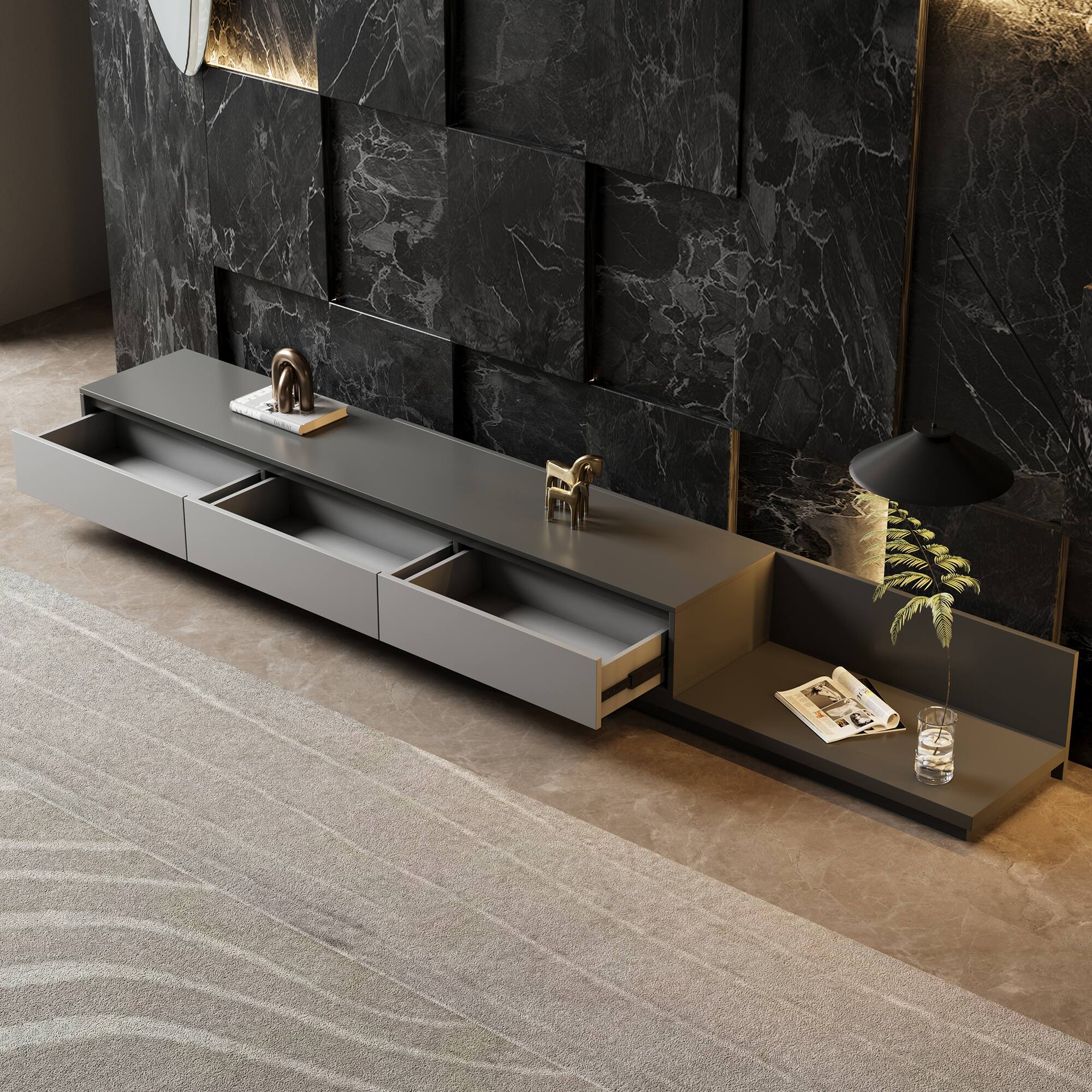 Alt View 4. luck idea - 78.7" Stretchable TV stand,tv console With Three Storage Drawers , Suitable for TVs up to 100 inches. - Gray.