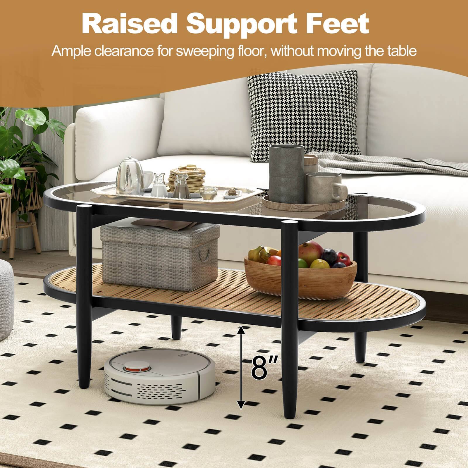 The text on the image reads: "Raised Support Feet Ample clearance for sweeping floor, without moving the table 8"."
