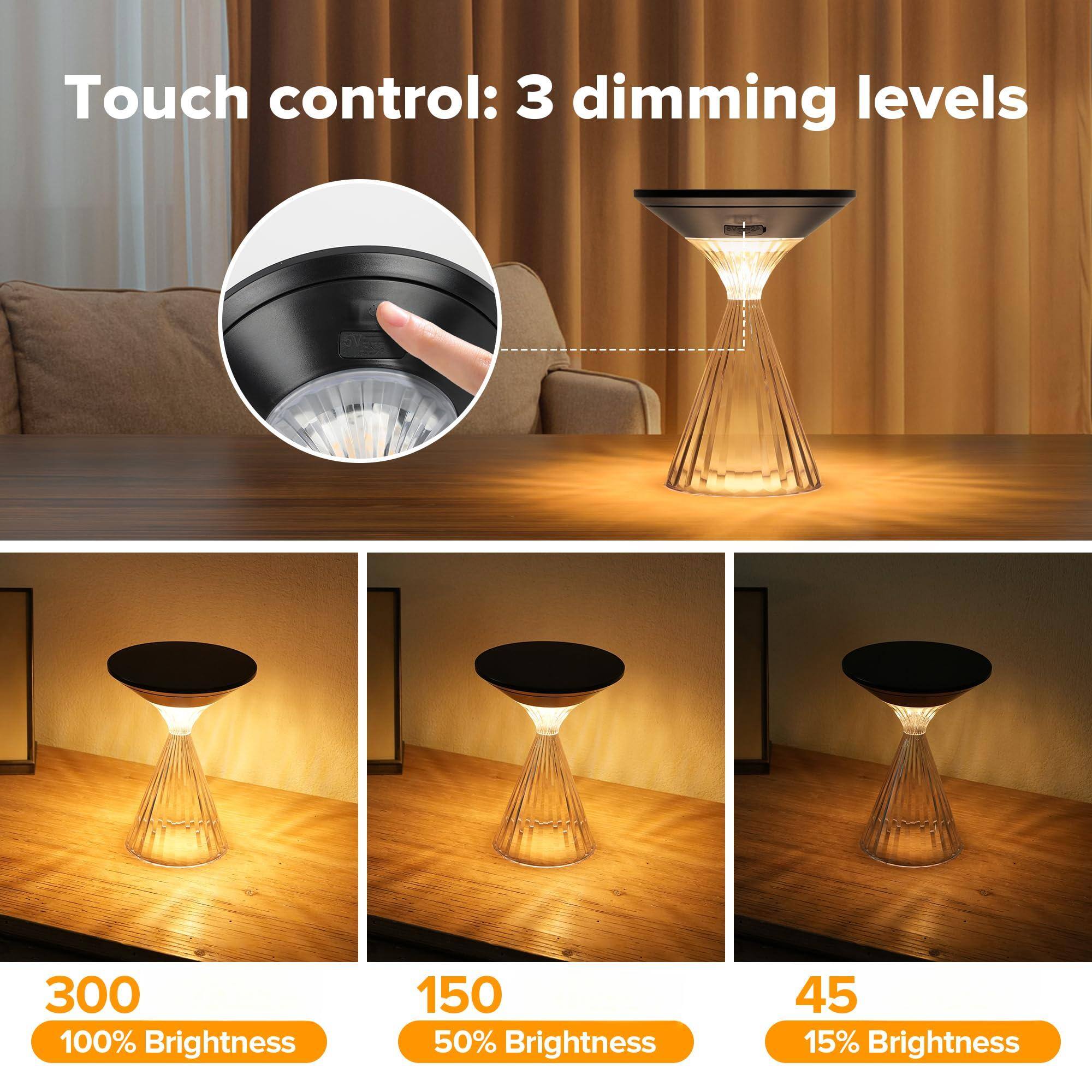 Touch control: 3 dimming levels

300 100% Brightness  
150 50% Brightness  
45 15% Brightness
