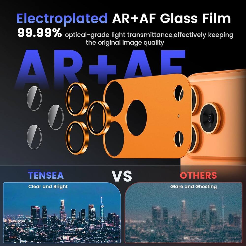 Electroplated AR+AF Glass Film  
99.99% optical-grade light transmittance, effectively keeping the original image quality  

AR+AF  

TENSEA  
Clear and Bright  

VS  

OTHERS  
Glare and Ghosting
