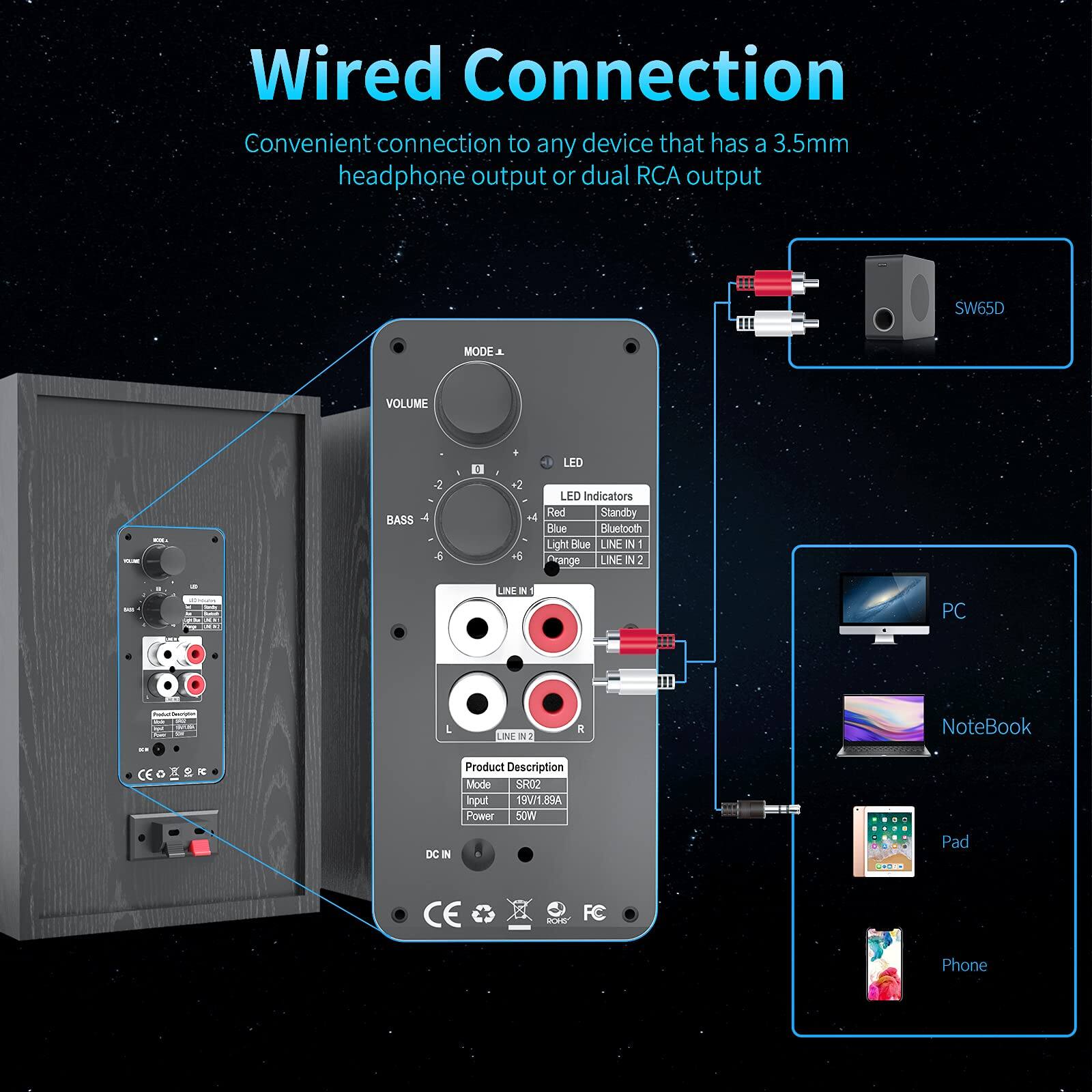 **Wired Connection**

Convenient connection to any device that has a 3.5mm headphone output or dual RCA output

**SW65D**

- **LED Indicators**
  - Red: Standby
  - Blue: Bluetooth
  - Light Blue: LINE IN 1
  - Orange: LINE IN 2

- **Mode**
  - S02

- **Input**
  - 19V/1.89A

- **Power**
  - 50W

- **Product Description**
  - Mode: S02
  - Input: 19V/1.89A
  - Power: 50W

- **DC IN**

**CE** **FC** **ROHS**

**LINE IN 1**
- L
- R

**LINE IN 2**
- L
- R

**PC** **NoteBook** **Pad** **Phone**