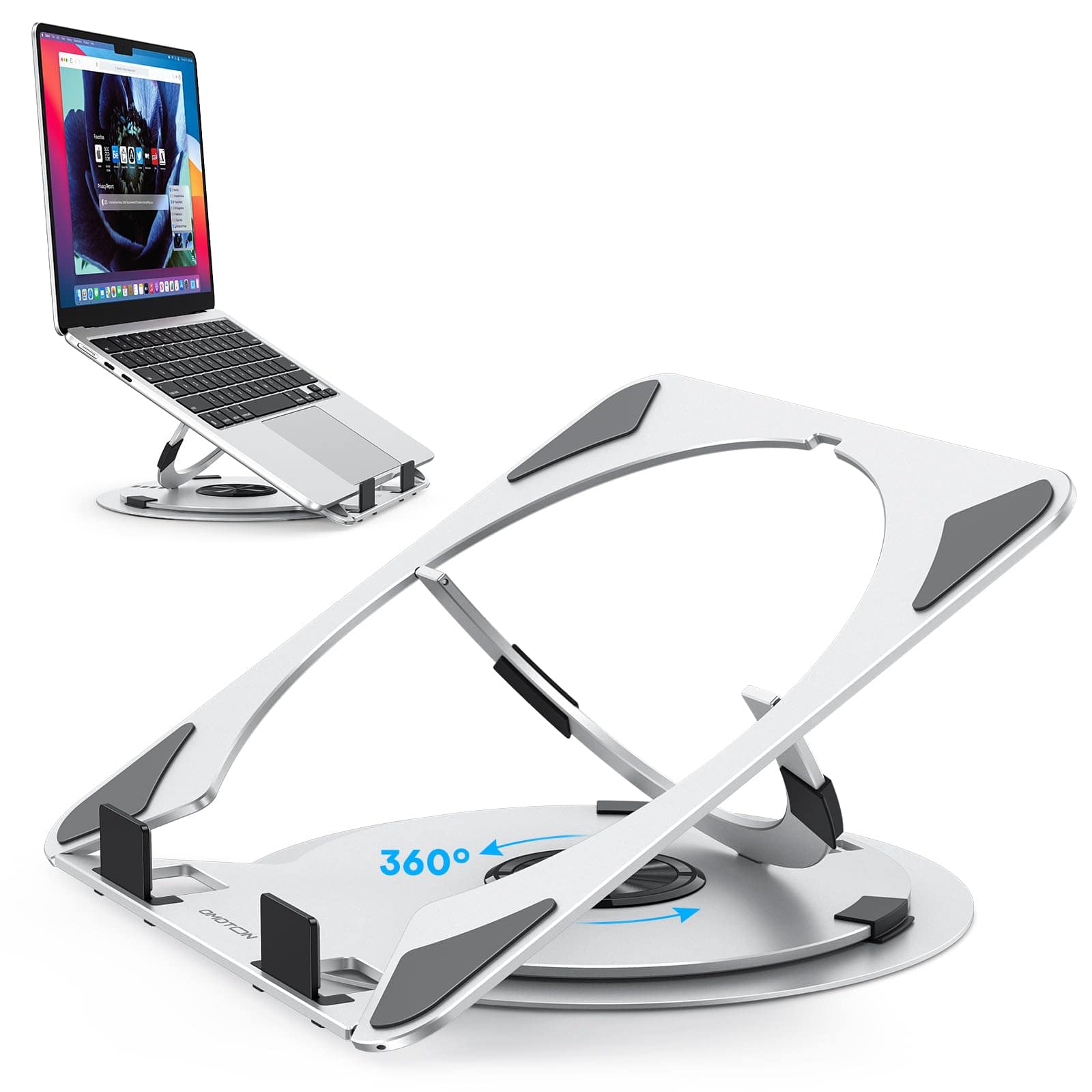 HongFei - Portable Laptop Stand for Desk, Ergonomic Computer Stand with 360° Rotating Base, 5-Level Adjustable Aluminum Mount - Silver