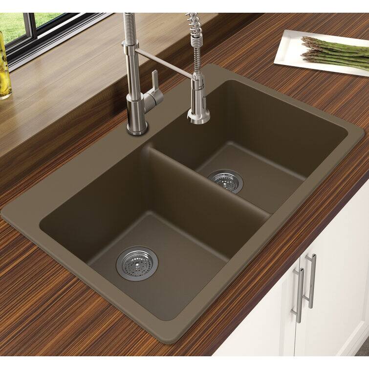Angle. Winpro - Winpro Dual Mount Granite Composite 33 in. L x 22 in. L x 9.5 in. Double Equal Bowl Kitchen Sink in Mocha - Mocha.