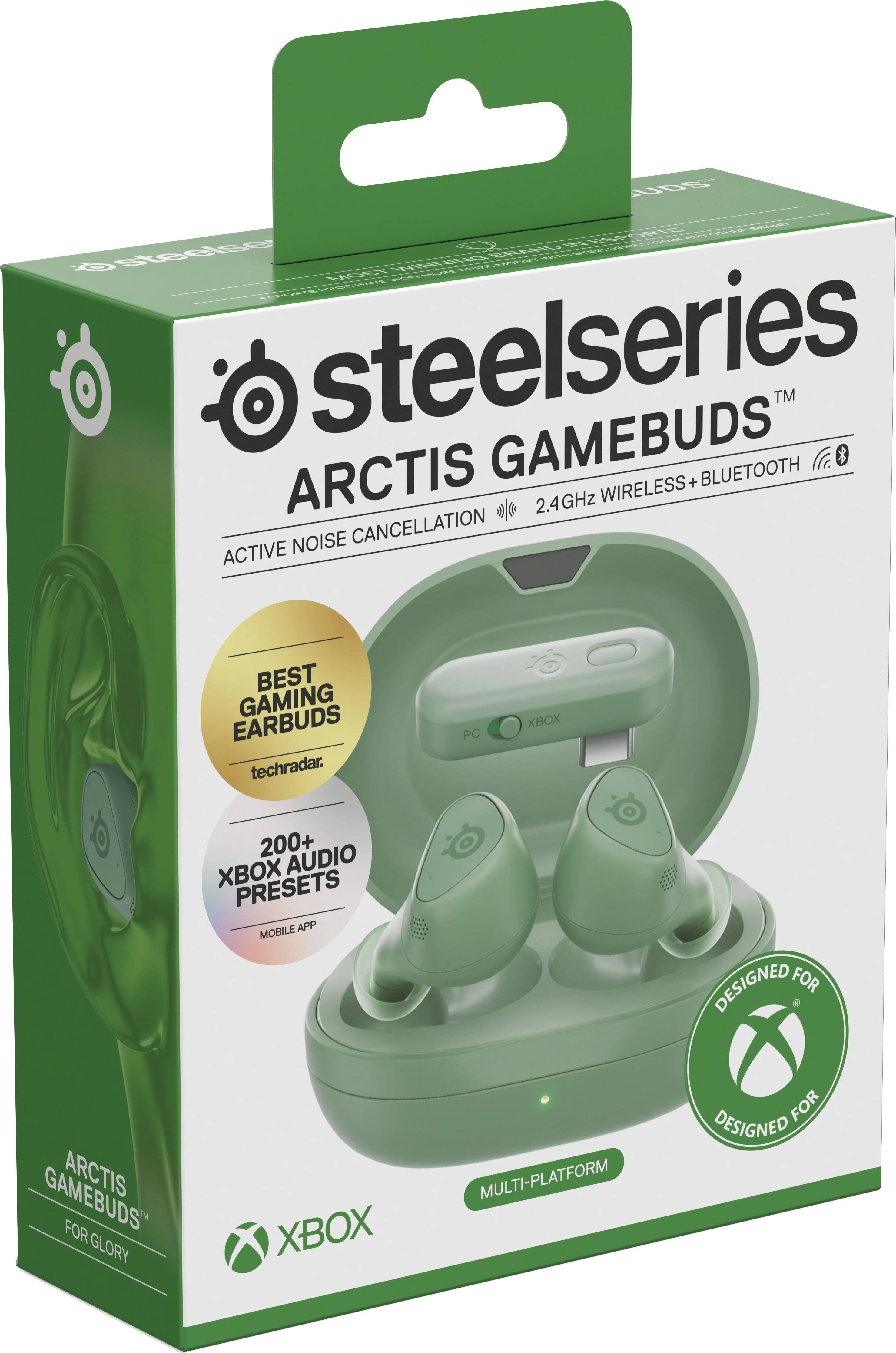 UDS IN ESPORTS steelseries GAMEBUDS TM ARCTIS + BLUETOOTH 2.4GHz WIRELESS NOISE CANCELLATION ACTIVE  
BEST GAMING EARBUDS techradar.  
PC  
XBOX  
200+ XBOX AUDIO PRESETS MOBILE APP  
DESIGNED FOR  
GAMEBUDS ARCTIS FOR GLORY  
XBOX  
MULTI-PLATFORM