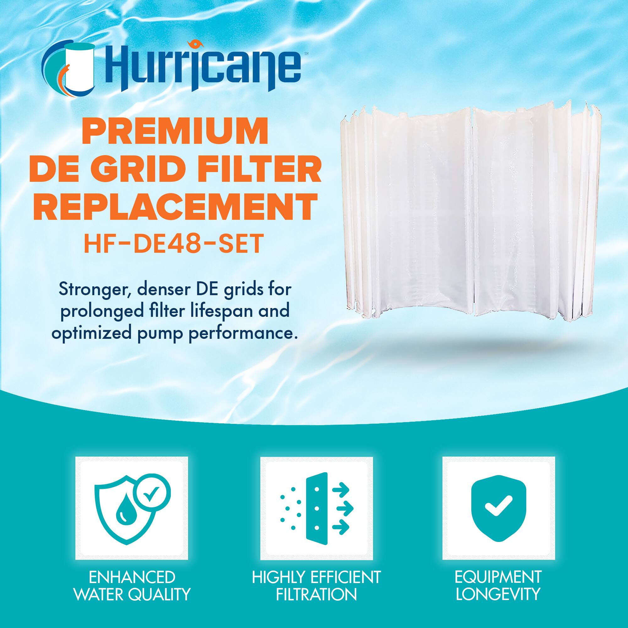 Hurricane PREMIUM DE GRID FILTER REPLACEMENT HF-DE48-SET

Stronger, denser DE grids for prolonged filter lifespan and optimized pump performance.

ENHANCED WATER QUALITY  
HIGHLY EFFICIENT FILTRATION  
EQUIPMENT LONGEVITY