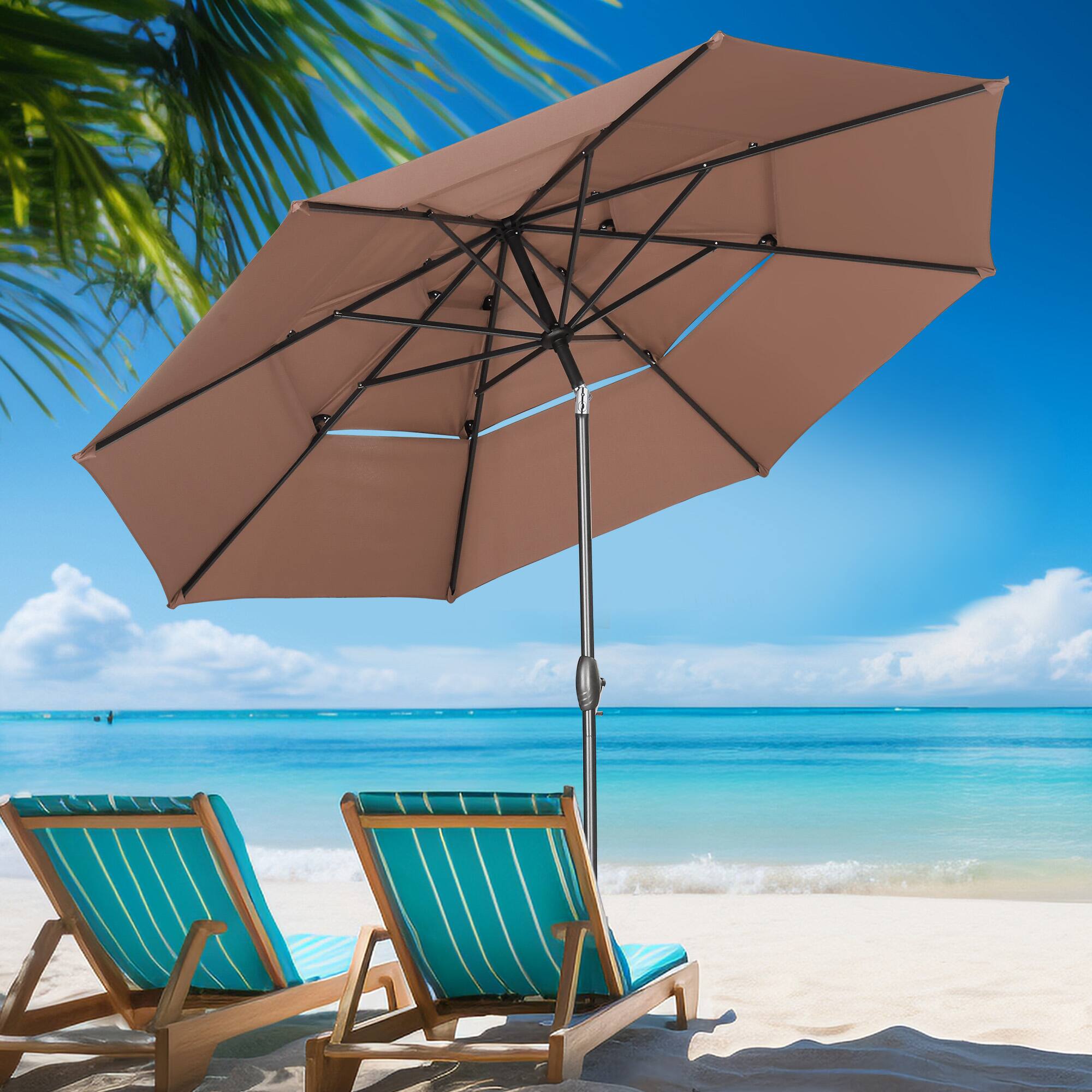 Back. Ainfox - Ainfox 10 FT 3-Tier Patio Umbrella with Base Outdoor Market Umbrella with Crank and Tilt for Garden Lawn Backyard Pool - Coffee.