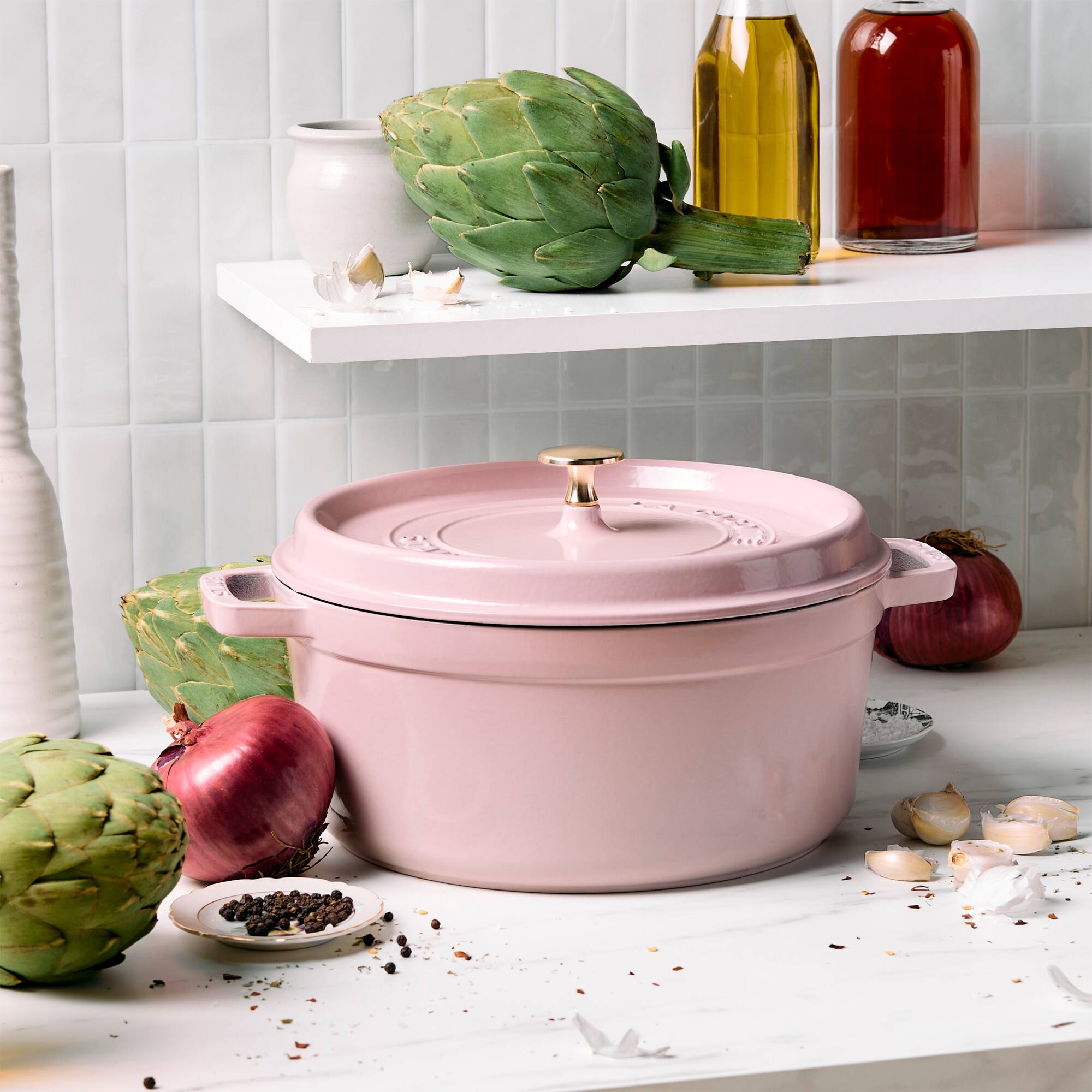 Alt View 1. Staub - Staub Cast Iron Round Cocotte 5.5-quart-Peony Pink - Pink Peony.