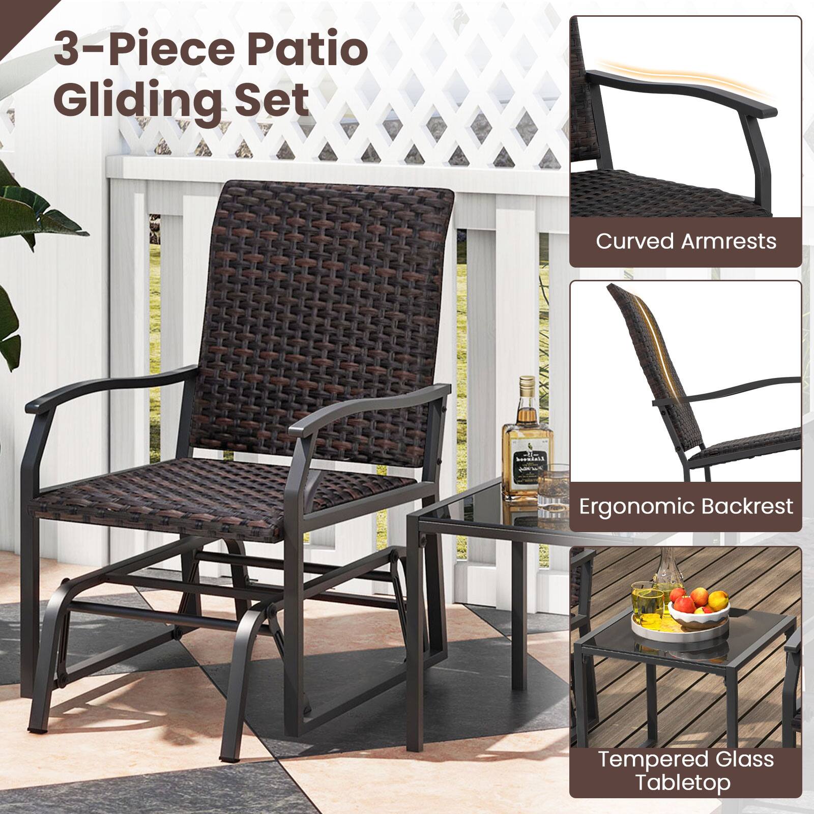 3-Piece Patio Gliding Set with Curved Armrests, Ergonomic Backrest, and Tempered Glass Tabletop.