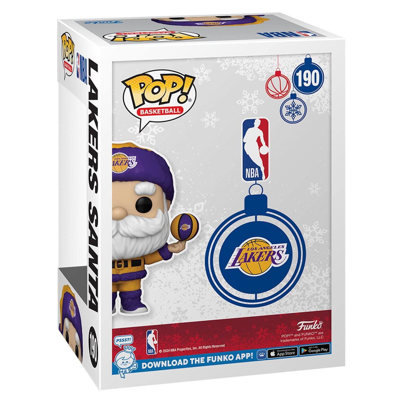 Sure, here is the corrected and grouped text from the image:

---

**Funko**

**POP! BASKETBALL**

**LAKERS SANTA**

**NBA**

**190**

**Los Angeles Lakers**

**Funko**

**POPTM and FUNKO are trademarks of Funko, LLC**

**All Rights Reserved**

**© 2024 NBA Properties, Inc. All Rights Reserved**

**DOWNLOAD THE FUNKO APP!**

**App Store**

**Google Play**

**PSSST!**

**Funko**

**POPTM and FUNKO are trademarks of Funko, LLC**

**© 2024 NBA Properties, Inc. All Rights Reserved**

**DOWNLOAD THE FUNKO APP!**

**App Store**

**Google Play**

---

This text is organized to reflect the branding and information present on the packaging.