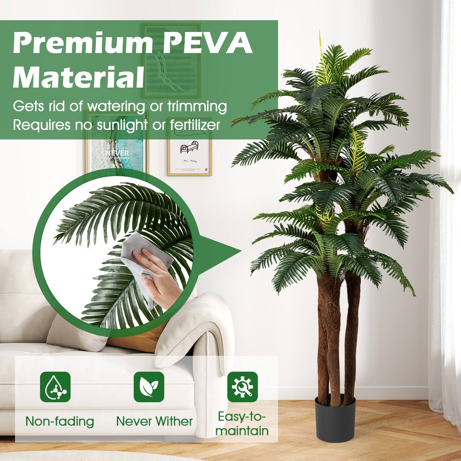 Premium PEVA Material  
Gets rid of watering or trimming  
Requires no sunlight or fertilizer  

- Non-fading  
- Never Wither  
- Easy-to-maintain