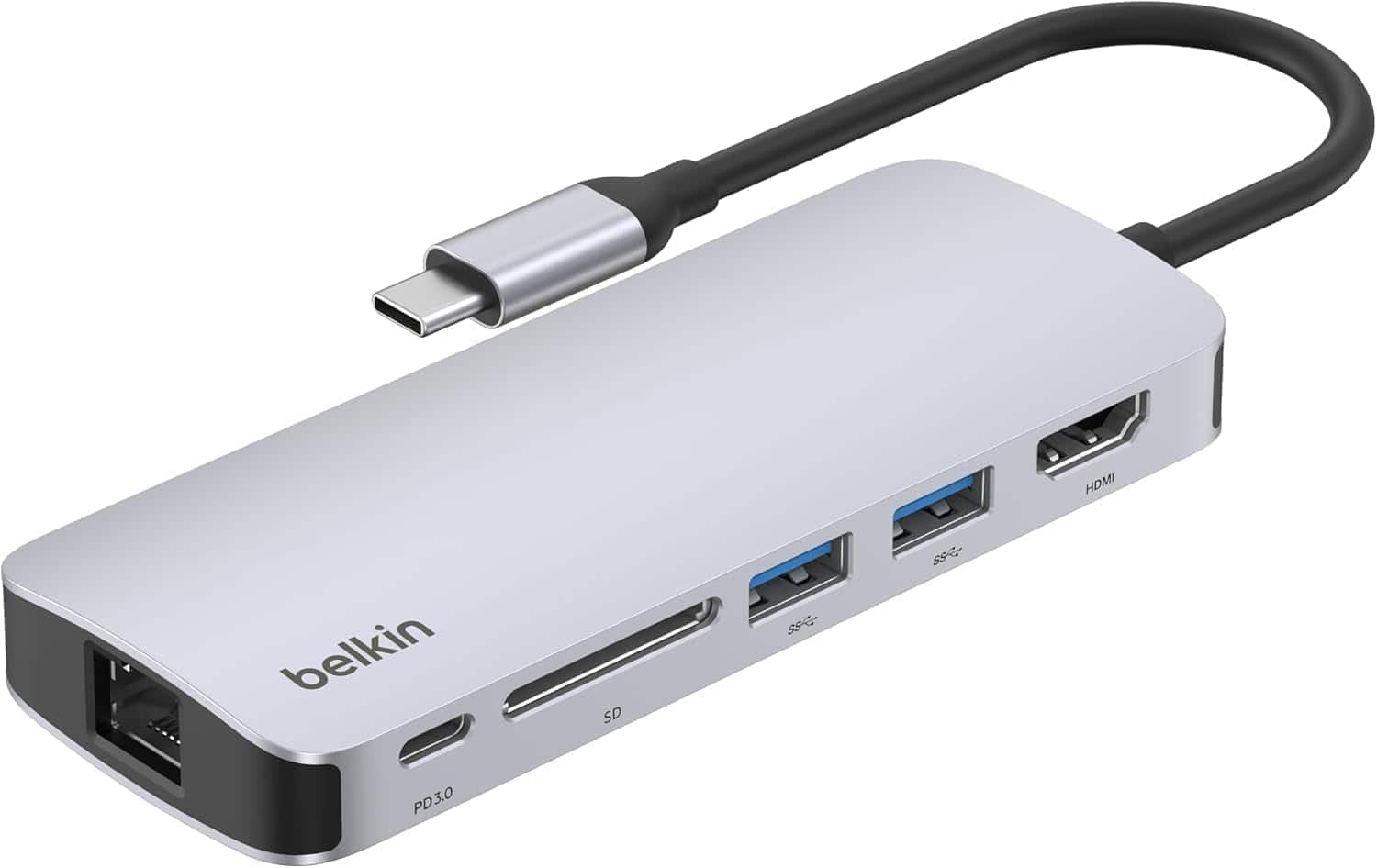 Belkin - 6-in-1 Multiport Adapter Dock with 4K HDMI, USB-C 100W PD Pass-Through Charging for MacBook Pro, Air and More - Gray