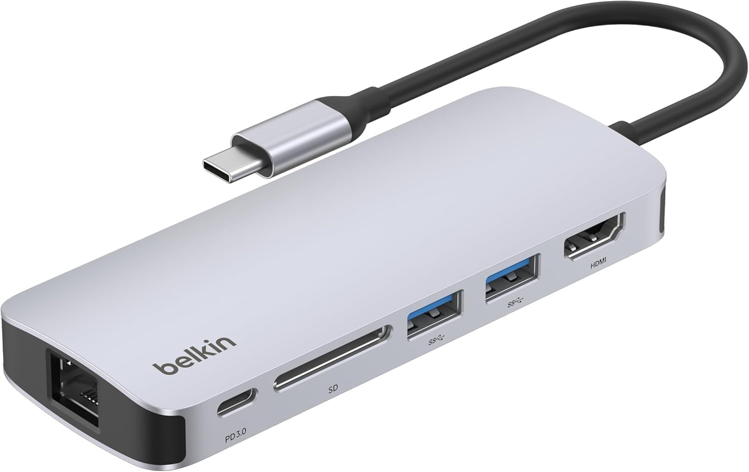Belkin - 6-in-1 Multiport Adapter Dock with 4K HDMI, USB-C 100W PD Pass-Through Charging for MacBook Pro, Air and More - Gray