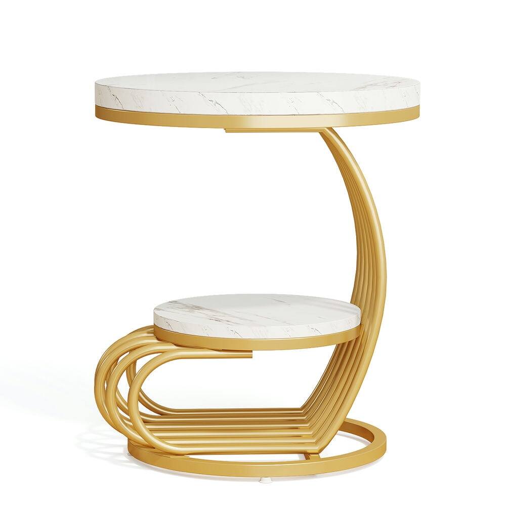 Alt View 1. Kadyn - Kadyn Sofa Side End Table, Round Couch Table, 2 Tiers Faux Marble Side Table with Storage Shelf,White & Gold - White.