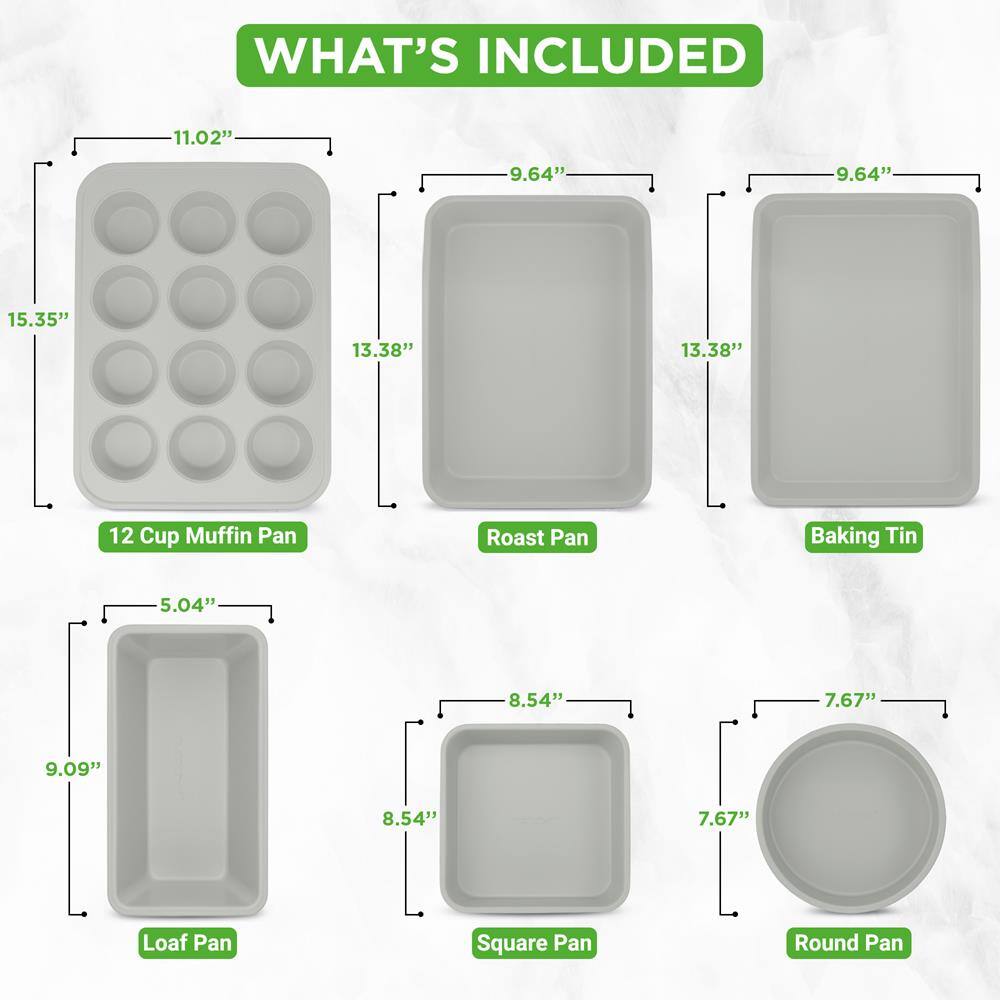 WHAT'S INCLUDED

- 12 Cup Muffin Pan: 15.35" x 13.38" x 11.02"
- Roast Pan: 13.38" x 9.64"
- Baking Tin: 13.38" x 9.64"
- Loaf Pan: 9.09" x 5.04"
- Square Pan: 8.54" x 8.54"
- Round Pan: 7.67" x 7.67"