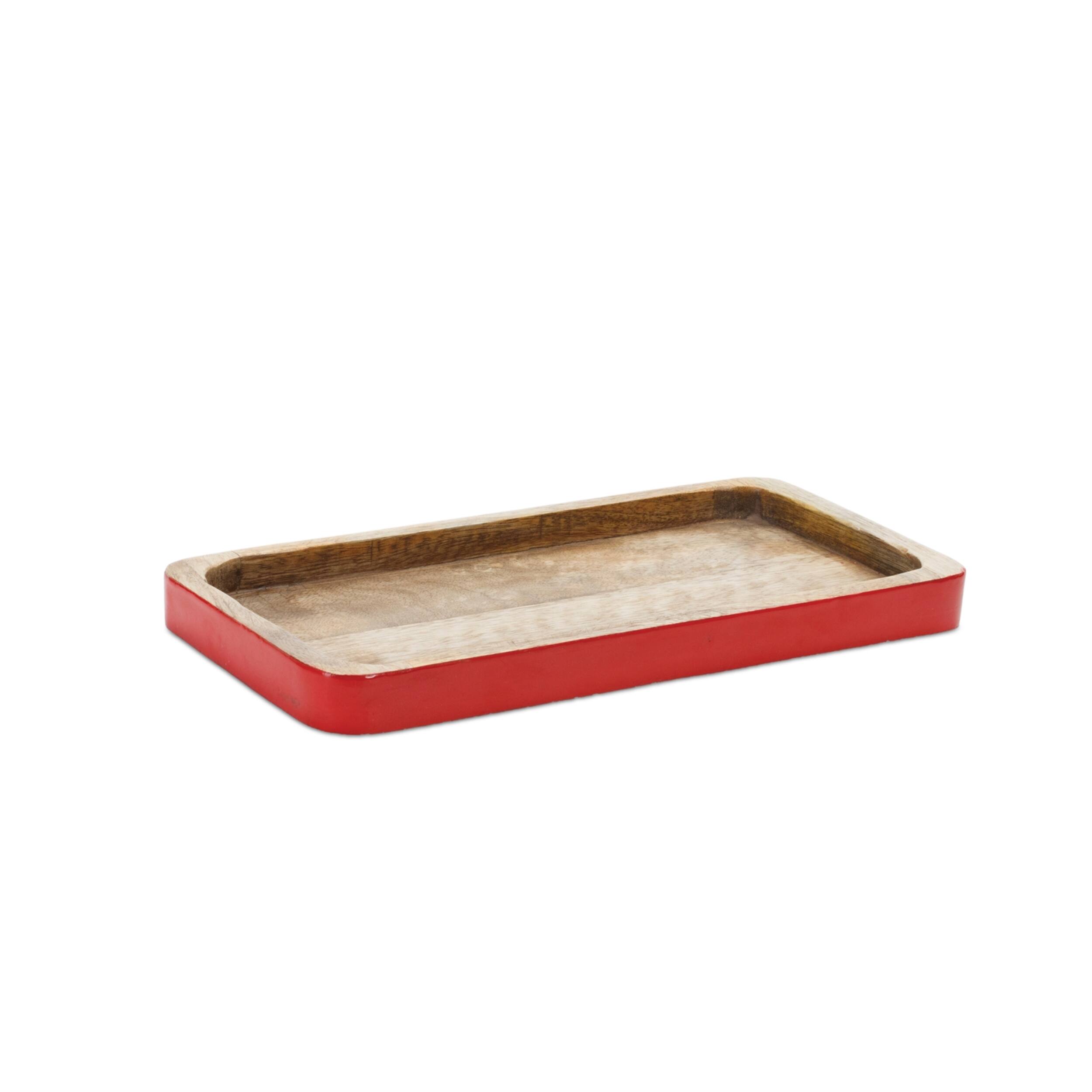 Left. BreeBe - Red Trimmed Wooden Tray (Set of 2) - Red, Brown.