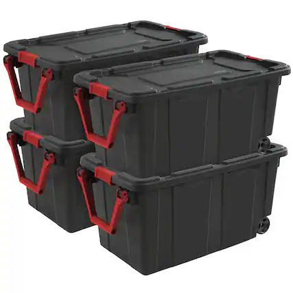Front. Sterilite - Sterilite Heavy Duty 40 Gallon Wheeled Industrial Storage Tote, 4-Pack, Black - Black.