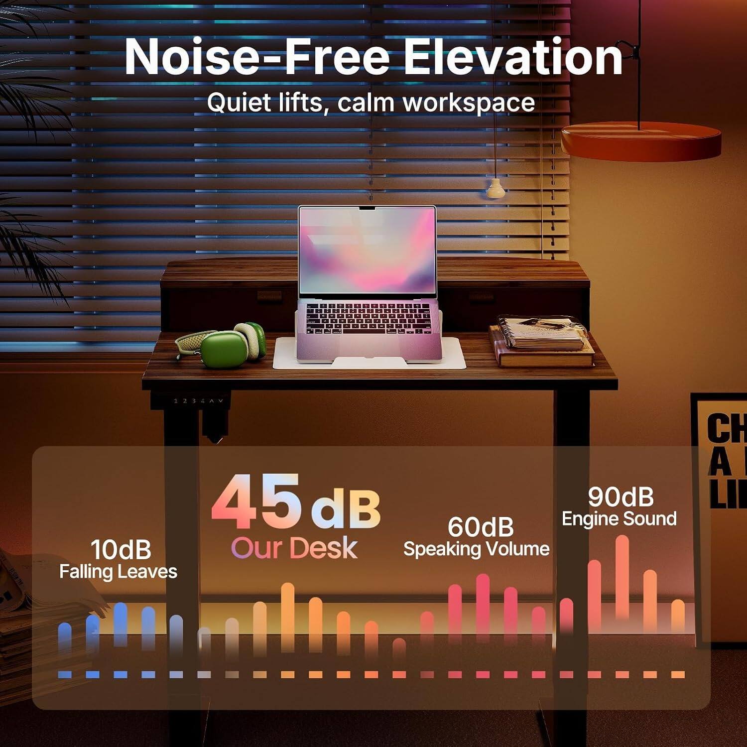 Noise-Free Elevation  
Quiet lifts, calm workspace  

45 dB  
Our Desk  

10 dB  
Falling Leaves  

60 dB  
Speaking Volume  

90 dB  
Engine Sound