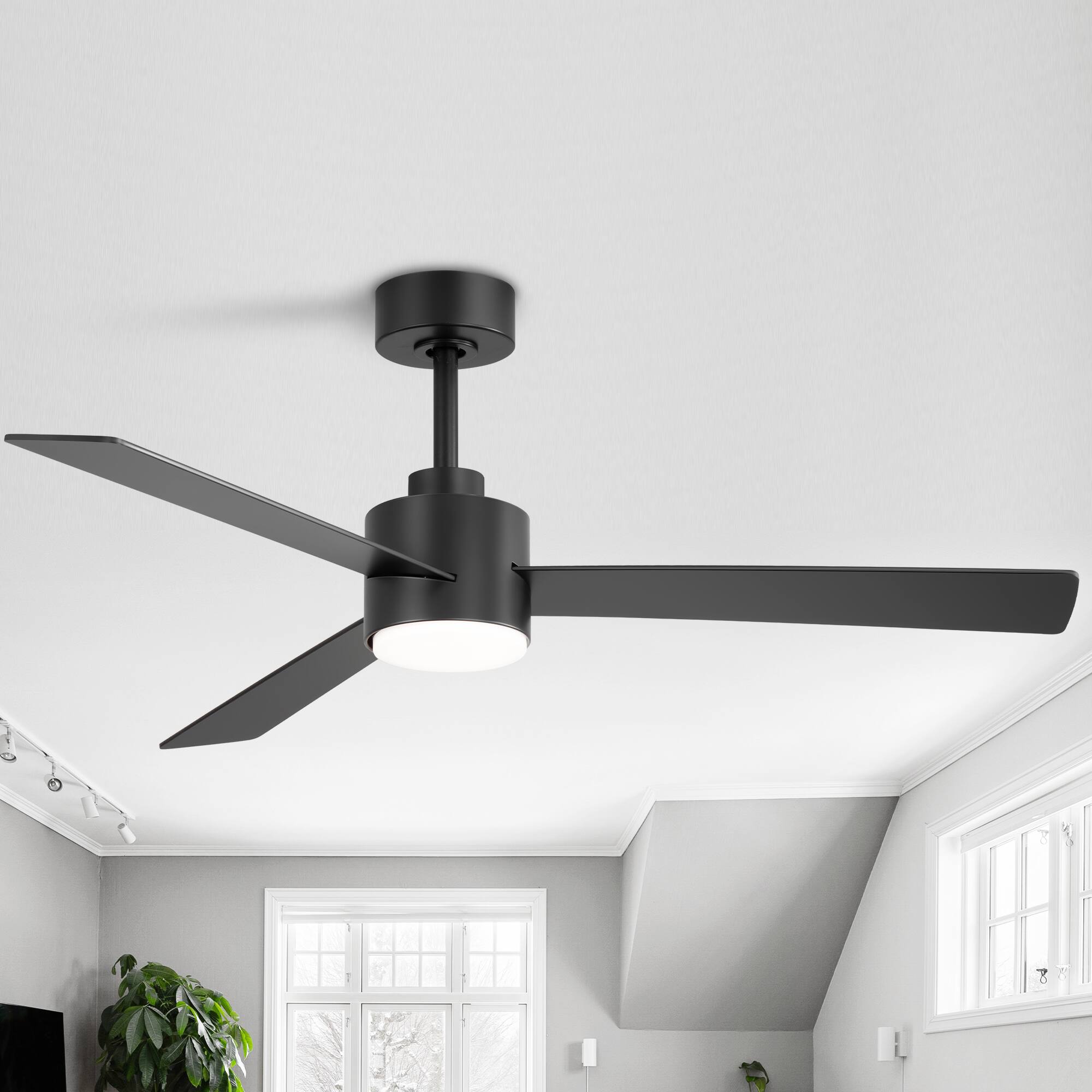 Back. Breezary - 52" Indoor Ceiling Fan, 3 Plywood Blades, 6-Speed DC Motor, Remote & Timer, 5" & 10" Downrods, LED Light/No Light Option - Black (With Light).