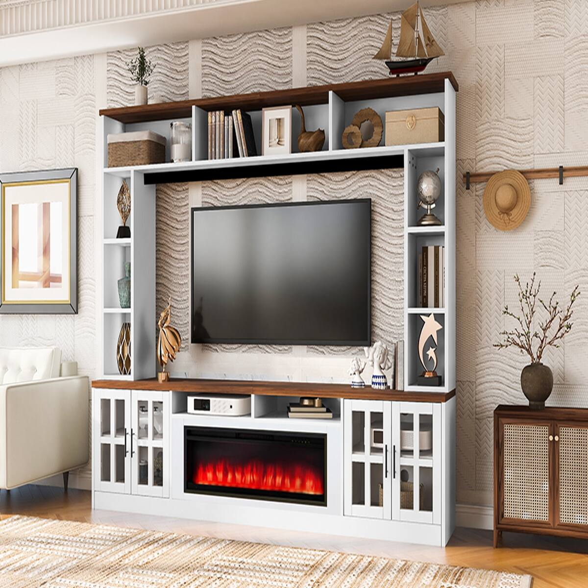 Alt View 1. Loheer - Loheer 95.5" Entertainment Center for 80 Inch TV with Electric Fireplace, White and Walnut - White+Walnut.