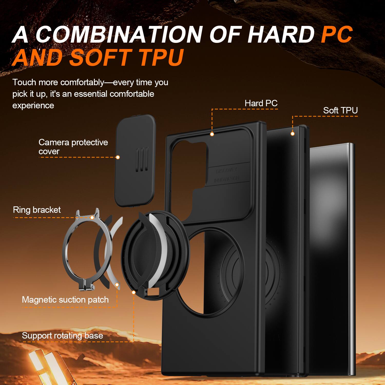 A COMBINATION OF HARD PC AND SOFT TPU

Touch more comfortably—every time you pick it up, it's an essential comfortable experience

Camera protective cover

Ring bracket

Magnetic suction patch

Support rotating base

Hard PC

Soft TPU