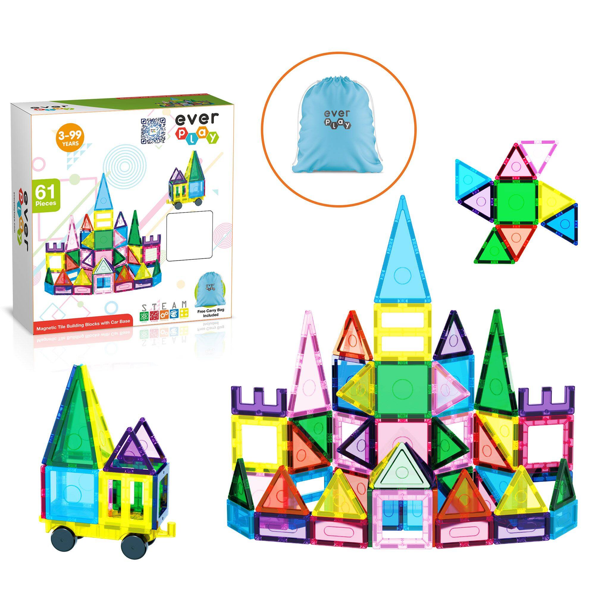 3-99 YEARS, ever play, 61 pieces, STEAM, magnetic tile building blocks with car base
