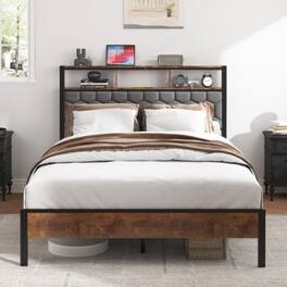 LUCKY ONE - Full Size Wooden Platform Bed Frame with Upholstered Headboard, USB Charging Station, Under-Bed Storage - Brown