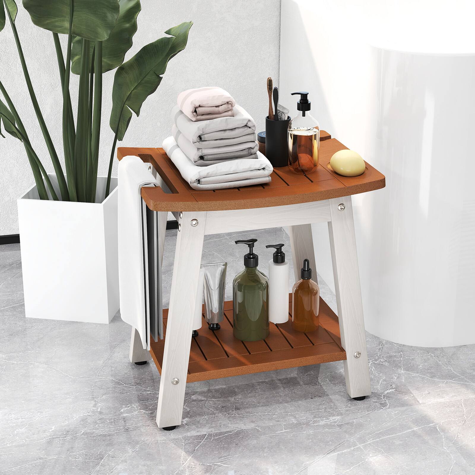 Angle. SlickBlue - Bathroom Shower Bench with Handle and Convenient Shower Head Slot - Brown, White.