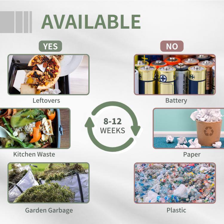 AVAILABLE

YES
- Leftovers
- Kitchen Waste
- Garden Garbage

NO
- Battery
- Paper
- Plastic

8-12 WEEKS