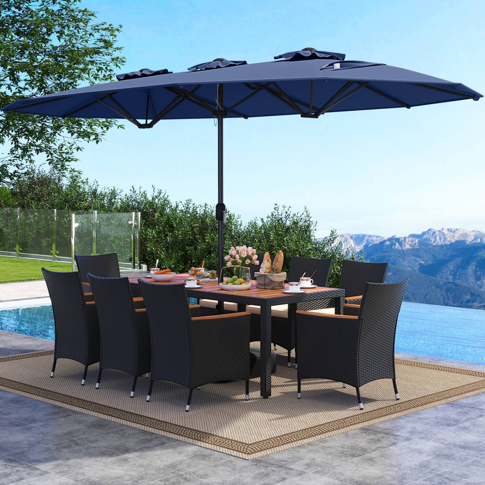 Alt View 1. Costway - Costway 11 PCS Patio Wicker Dining Set with Double-Sided Outdoor Umbrella 8 Stackable Chairs - Navy,White.