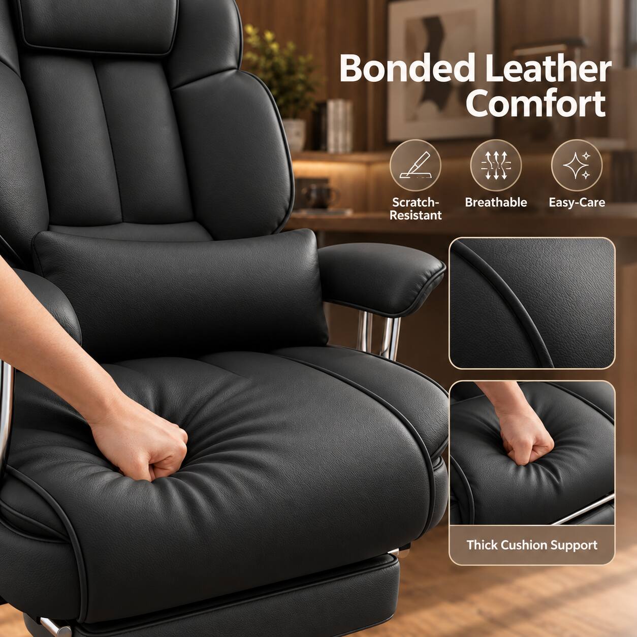 Bonded Leather Comfort

- Scratch-Resistant
- Breathable
- Easy-Care

Thick Cushion Support