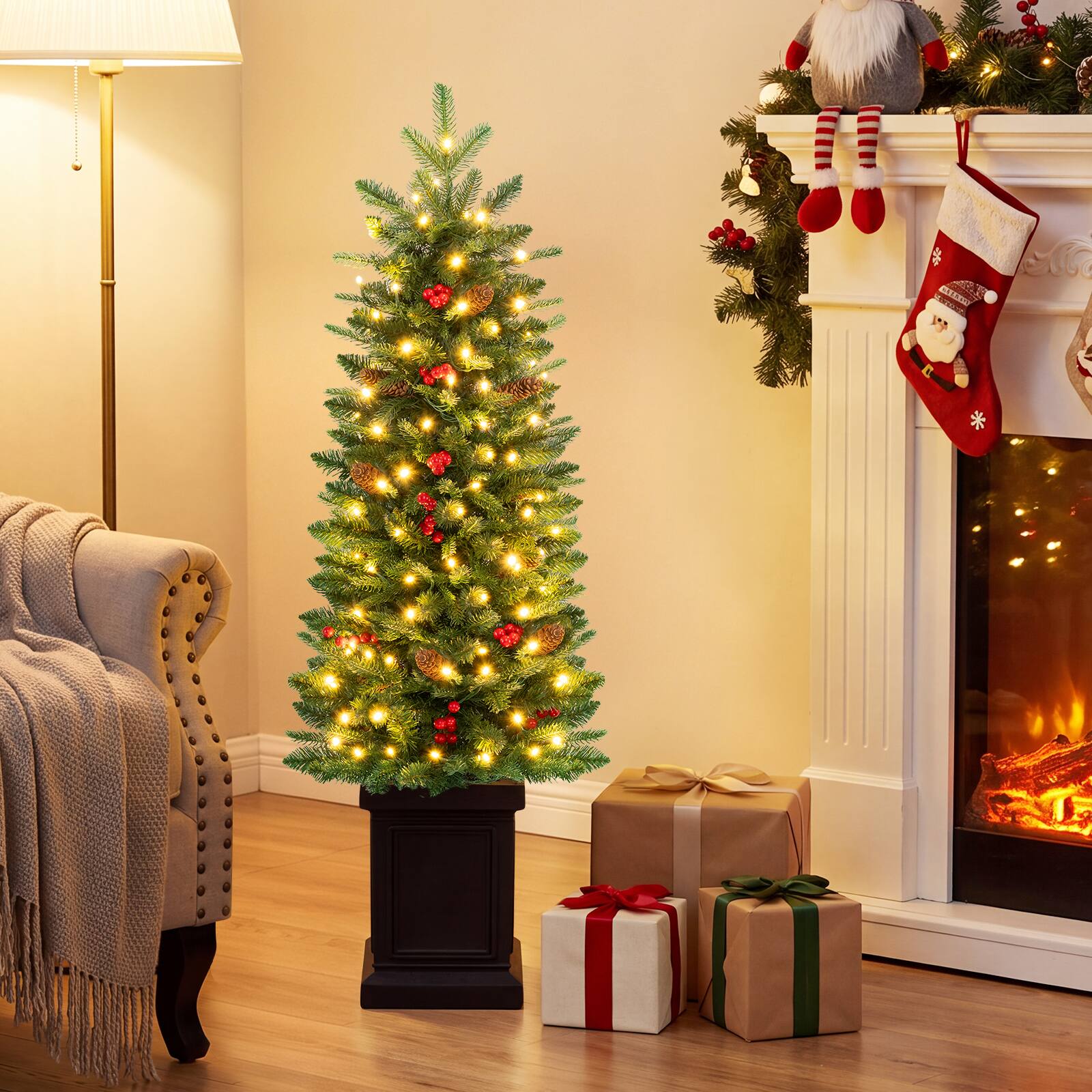 Alt View 1. Costway - Costway 2 PCS 4 FT Artificial Xmas Tree with 376 Full Branch Tips, 14 Pine Cones, 100 LED Lights - Green.