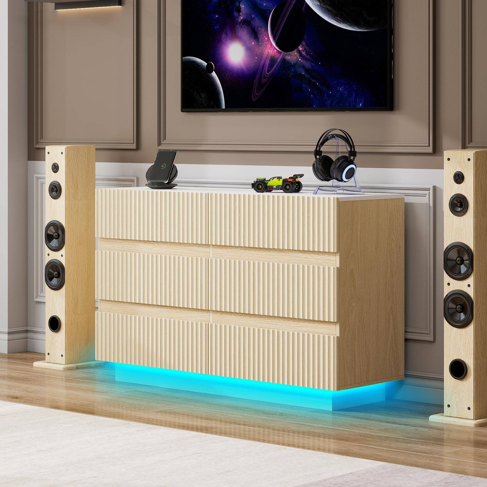 Angle. Spaco - Spaco 47.24" Fluted Modern 6-Drawer Dresser, Double Dresser with LED, for Bedroom, Living Room, Hallway - Natural.