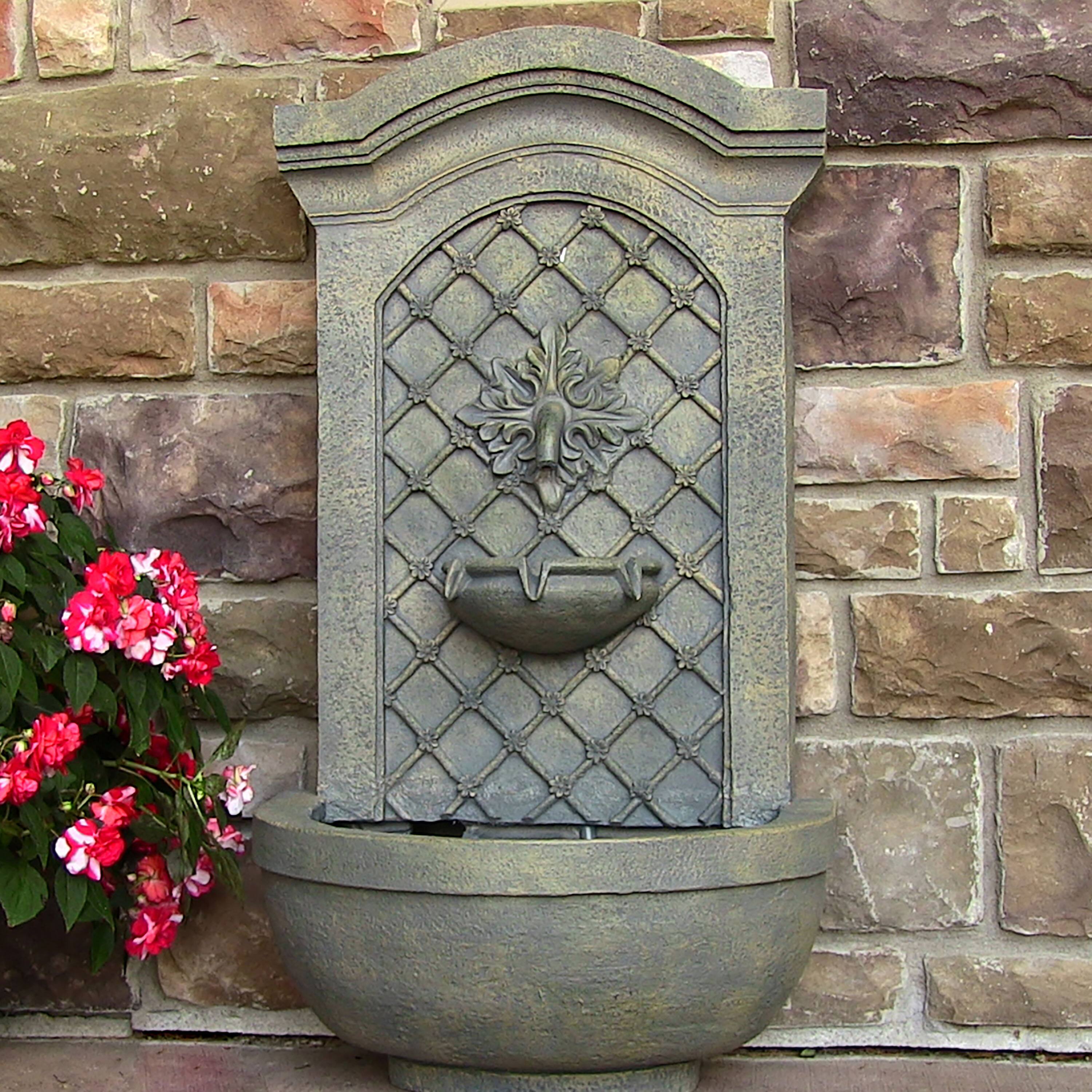 Alt View 2. Sunnydaze - Rosette Leaf Polystone Outdoor Wall Fountain - French Limestone.