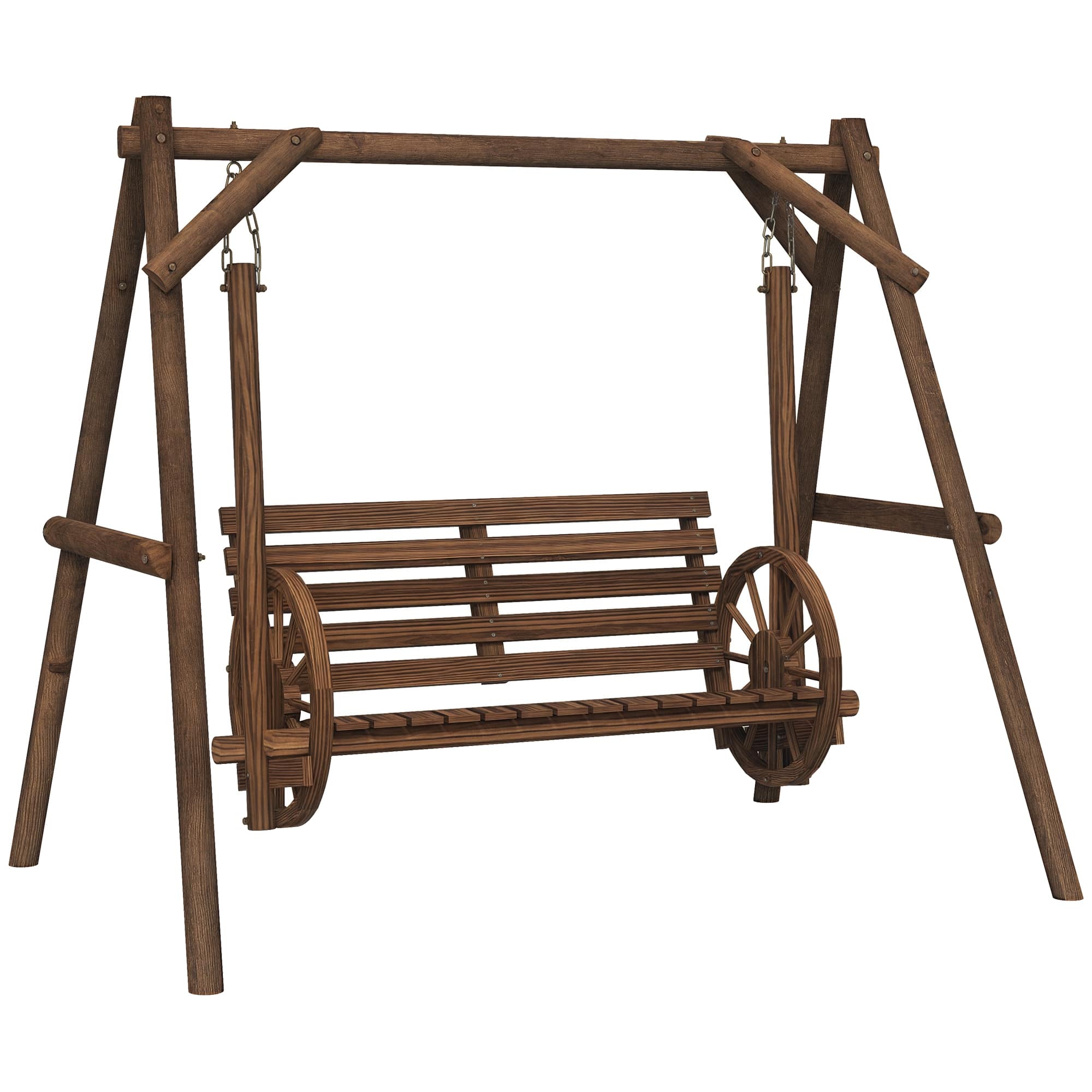 Outsunny - Porch Swing with A-Frame Stand, Wooden Log Patio Swing Chair Bench with Wagon Wheel Armrests - Carbonized Brown