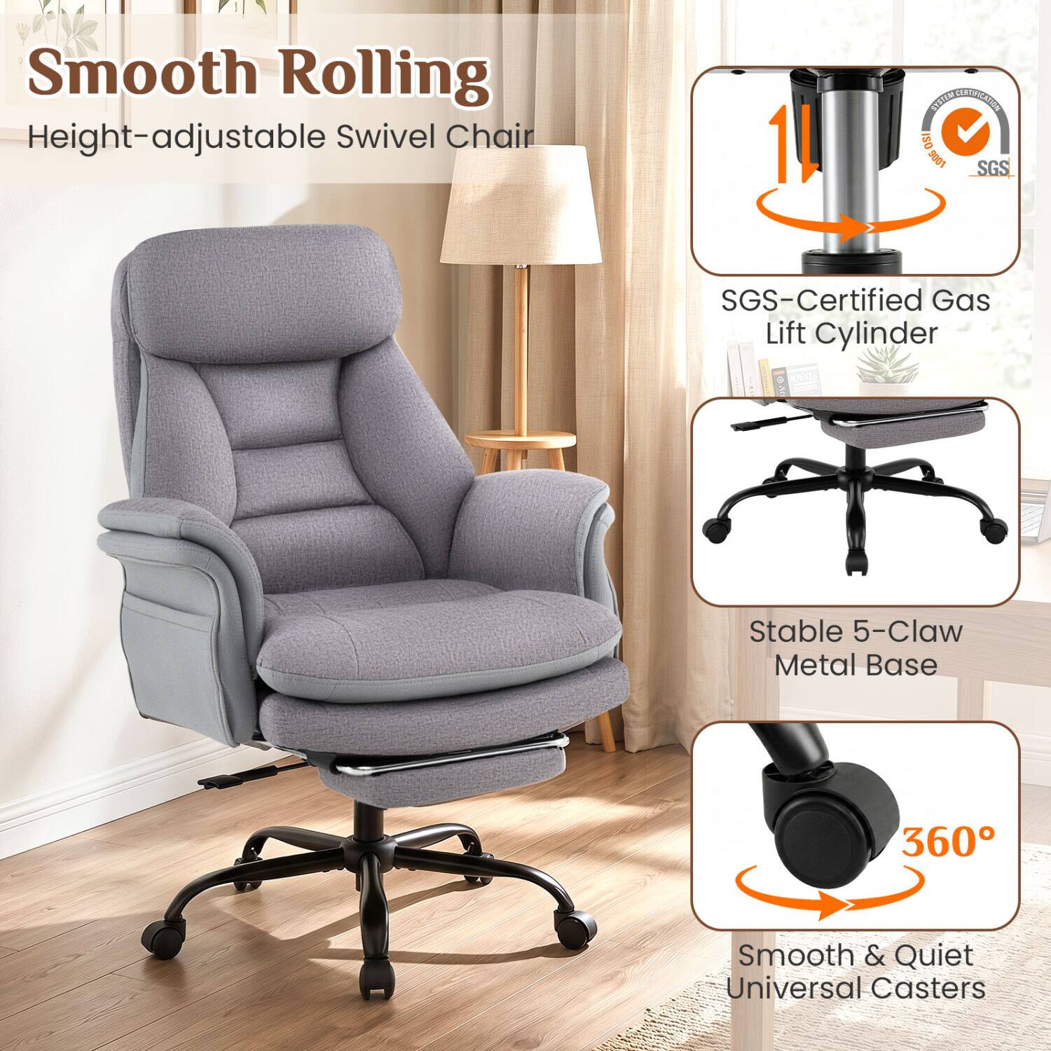 Smooth Rolling Height-adjustable Swivel Chair

SYSTEM CERTIFICATION ISO 9001 SGS

SGS-Certified Gas Lift Cylinder

Stable 5-Claw Metal Base

360° Smooth & Quiet Universal Casters