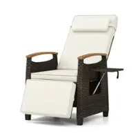 Costway 1 PCS Patio Wicker Recliner Chair with Adjustable Backrest Footrest Flip Side Table - White - Front_Zoom