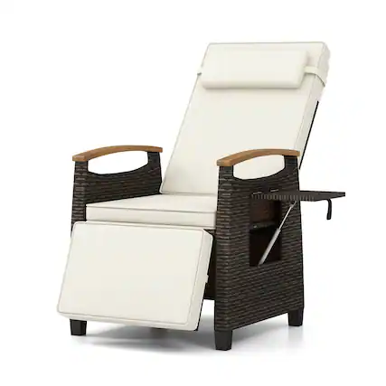 Front. Costway - 1 PCS Patio Wicker Recliner Chair with Adjustable Backrest Footrest Flip Side Table - White.