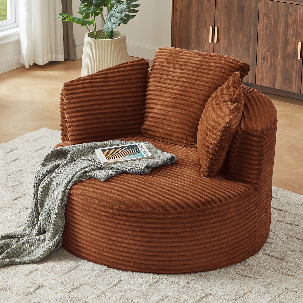 Left. Trinkets Crazed - 48.8" Oversized Accent Chair,Comfy Corduroy Single Sofa with 3 Pillows,Upholstered Round Chair - Orange.