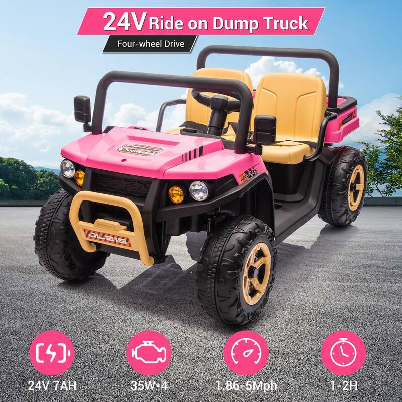 24V Ride on Dump Truck  
Four-wheel Drive  

24V 7AH  
35W*4  
1.86-5Mph  
1-2H