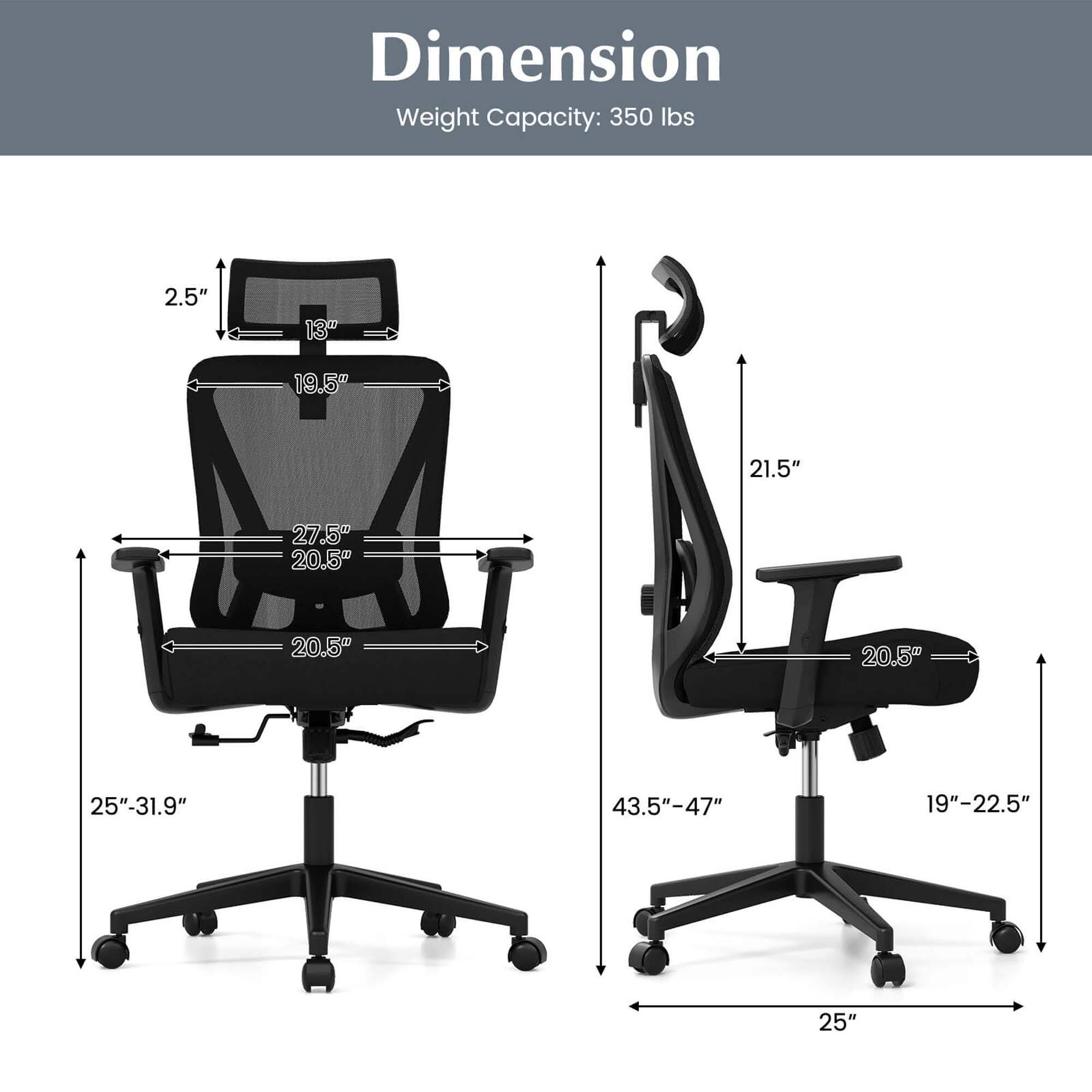 Dimension: 2.5" 13" 19.5" 21.5" 27.5" 20.5" 20.5" 20.5" 25"-31.9" 43.5"-47" 19"-22.5" 25"

Weight Capacity: 350 lbs