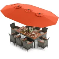 Costway 10 Pieces Patio Wicker Dining Set with Double-Sided Patio Umbrella 8 Armchairs - Orange,Mix Brown - Front_Zoom