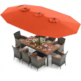 Costway - 10 Pieces Patio Wicker Dining Set with Double-Sided Patio Umbrella 8 Armchairs - Orange,Mix Brown